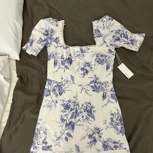 Reformation Blue and White Puff Sleeve Mini Sundress